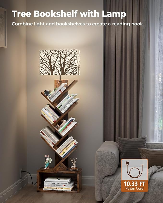 Evermagin 6 Tier Tree Bookshelf with Light, Bookcase, Branch Pattern | Rustic Brown Small Book Tower, Storage Cabinet for Book Organization, Floor Standing for Living Room, Bedroom & Home Office