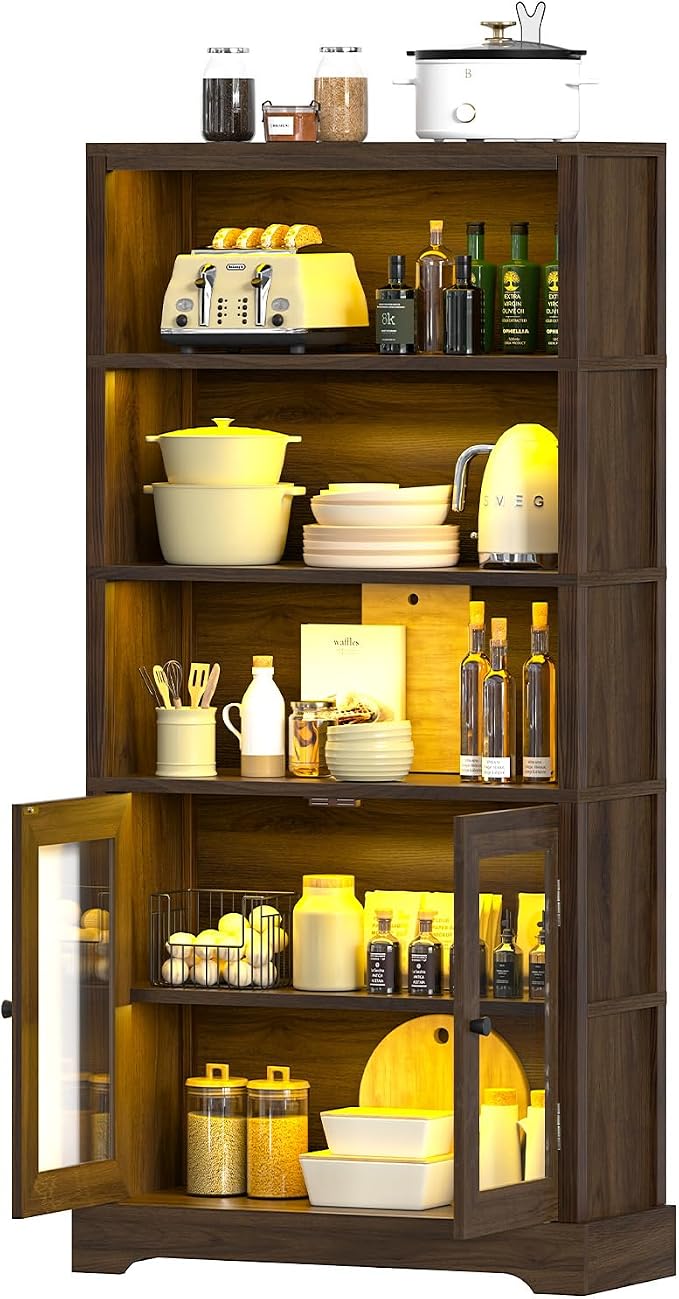TVU 5-Tier Bookshelf, 65" Bookshelf with Multi-Color Ambient Lights (APP Remote Control), Tall Display Shelf with Cabinet Doors, Suitable for Living Room, Bedroom, Study, Office, Rustic Brown