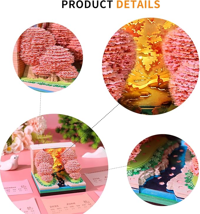 Time Piece Calendar 2027 Desk Calendar with LED Light 3D Tear-away Paper Carving Art Memo Pad Notepad Gift for Christmas Housewarming Desktop Decoration (Peach forest)