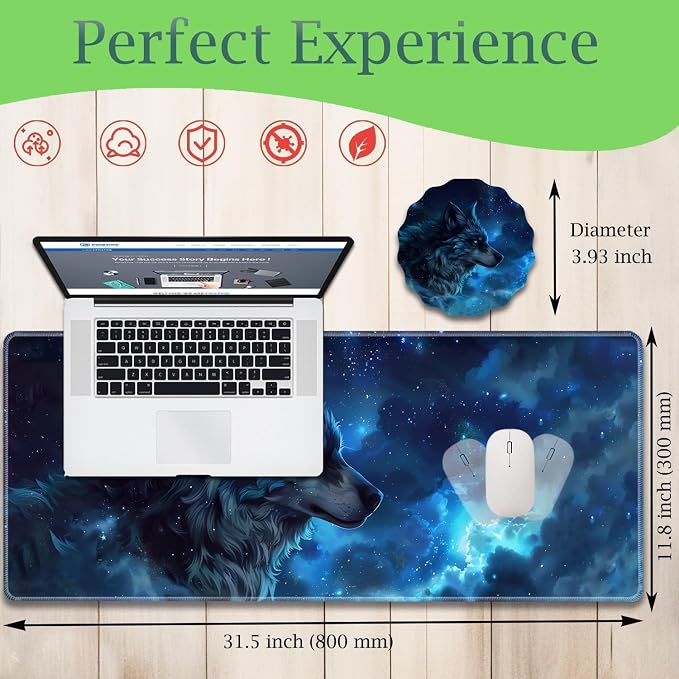 Extended Gaming Mouse Pad 31.5" x 11.8", with Edge Stitching, Non-Slip Rubber Base Keyboard Pad, Suitable for Work, Game, Office, Home and Coasters, Starry Sky Wolf