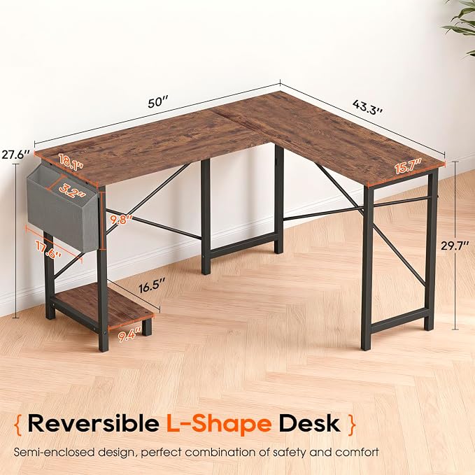 FDW 50 Inch L-Shaped Desk,Gaming Desk Computer Desk with Side Storage Bag & CPU Stand,Corner Desk for Home Office,Bedroom,Writing & Gaming,Brown