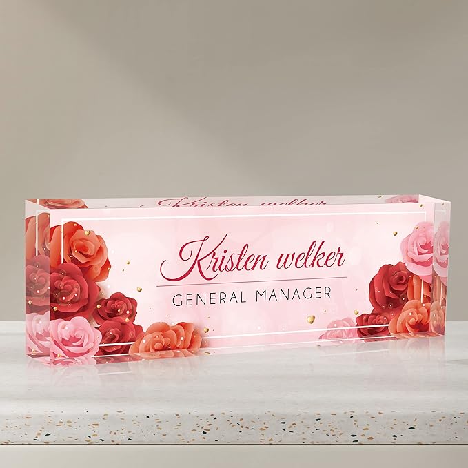 Desk Name Plate Personalized, Custom Name Plates for Desks, Office Desk Decor, Rose Design Clear Acrylic Glass Block, Personalized Office Gifts for Women Men Boss Teachers Coworkers Appreciation Gifts