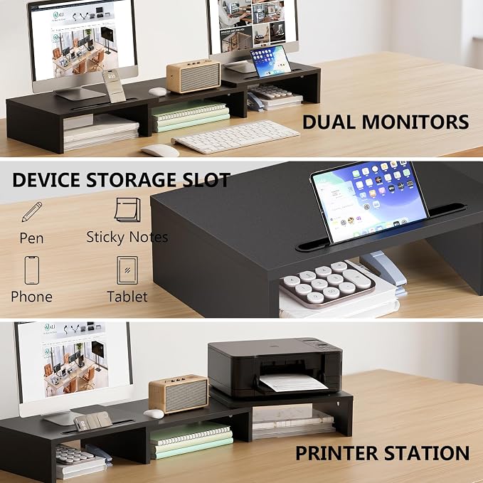 WALI Extra Long Wooden Dual Monitor Stand Riser with 2 Slots, up to 22lbs | Underneath Storage, Adjustable Length & Angle, Multi-Purpose Desktop Organizer Desk Shelf for Home Office PC, Laptop, Printer