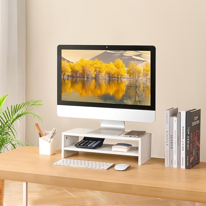 BEYGORMMonitor Stand Riser, White, 16.5 inch, 2 Tiers Wood Desk Shelf | Computer Screen Stand with Storage, For Desktop Laptop/Screen/TV/PC/Printer 16.5"L x 7.8"W x 5.2"H