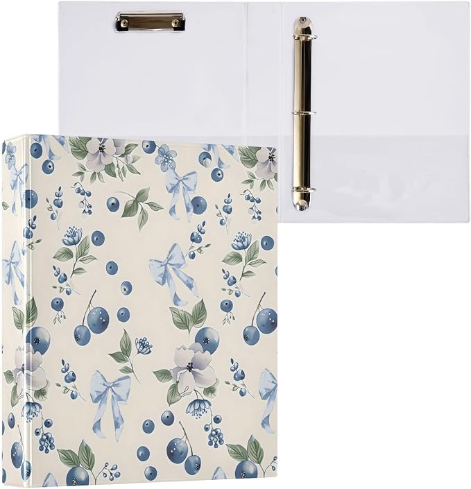 3 Ring Binder Blueberry Blue Bow 1.5 inch Binders Three Ring Binders with Clipboard Fit 8.5'' x 11'' Paper 3 Interior PVC Clear Pockets for Office Supplies
