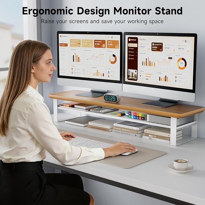 Dual Monitor Stand, 35.4 Inch Monitor Stand Riser for 2 Monitors, 2 Tiers Wood Desk Shelf with Storage, Desktop Organizer Stand for Computer, Laptop, Printer, TV