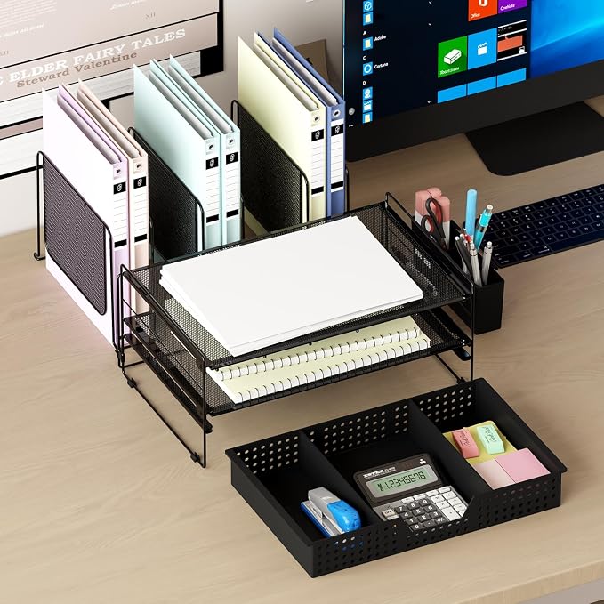 LEKETREE Desk Organizer, Office Organization with Vertical File Holder, File Organizer with Drawer and Pen Holder, Desk Accessories and Workspace Organizers for Home Office (Black)
