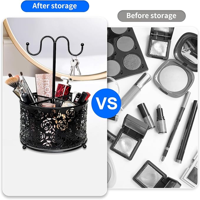 Pen Holder for Desk,360 Degree Rotating Pencil Holder Organizer | 4 Compartments,Large Capacity Pencil Holder for Desk,Metal Rust Prevention Pen Organizers(Pattern of Roses, With Hook)