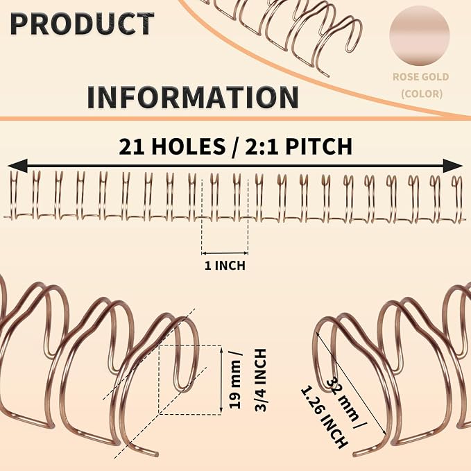 RAYSON 2:1 Wire Binding Spine, 21 Loop, 3/4", Rose Gold, 185 Sheet, 50 Pack | 2:1 Pitch Binding Wire | Double Loop Wire | 185 Sheet Binding | Letter Size | Rose Gold 50 Pack