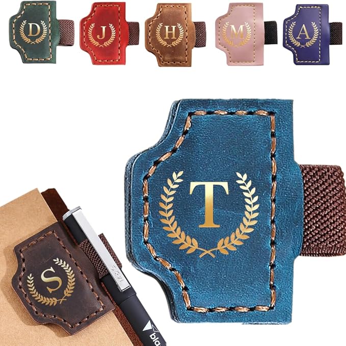 Personalized Mark Bookmark with Pen Holder, Leather Magnetic Book Marker 26 Letters,Custom Initials Page Marks, Gifts for Book Lovers Readers Men Women (Blue, T)