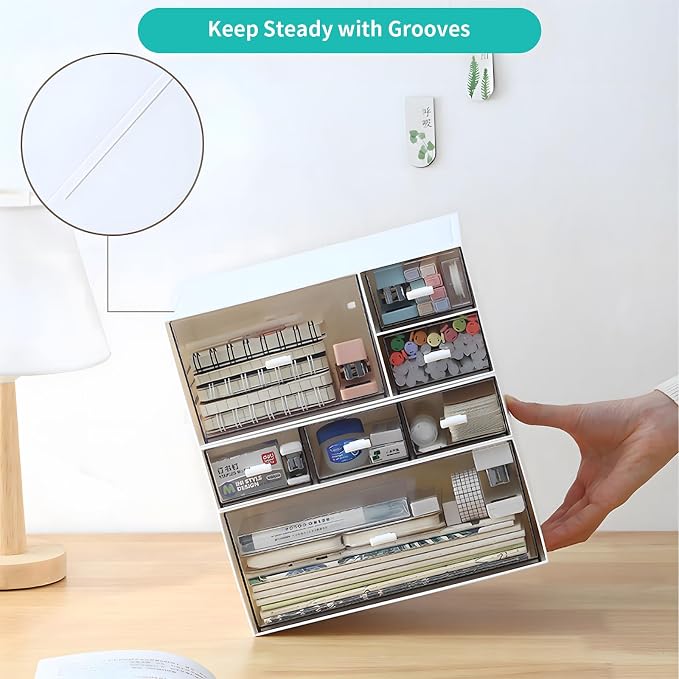 Stackable Storage Drawers, Office Desk Organizer with 4 Mix Drawers | Pink, Plastic Mini Desktop Storage Box, Tabletop Small Craft Drawer for Office Supplies, Makeup Desk Organizer and Accessory