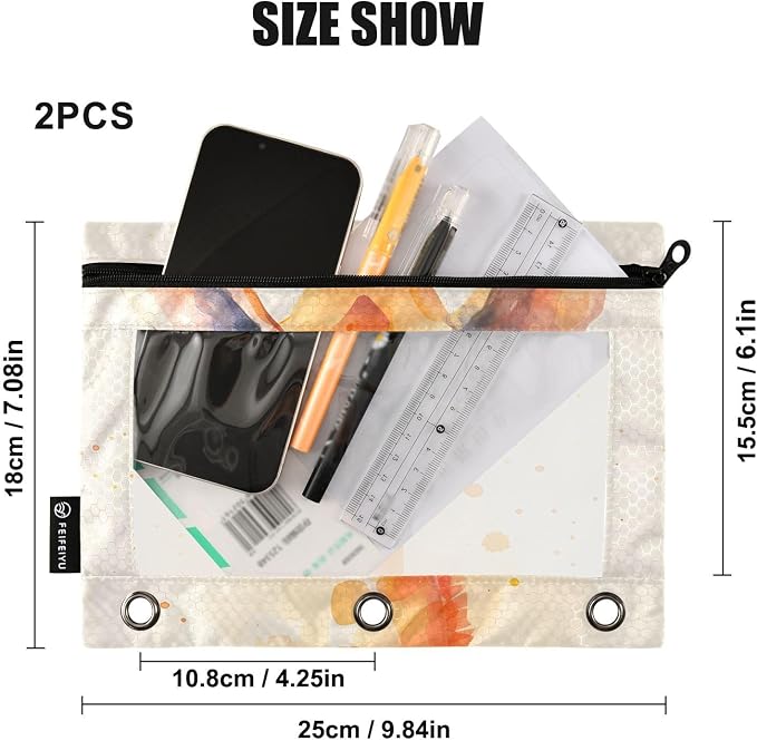 Giraffe Brown Pencil Pouch for 3 Ring Binder, 2 Pack Waterproof Pencil Bags Clear Window Zipper School Office Supplies