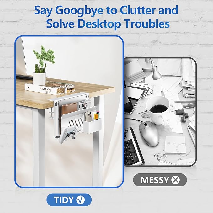Litwaro Desk Side Storage Organizer, Under Desk Laptop Holder No Drill, Laptop Mount with Magnetic Pen Holder, Hanging Desk Organizer Fits Flat Edge Desks 0.4" to 2.1" (White)
