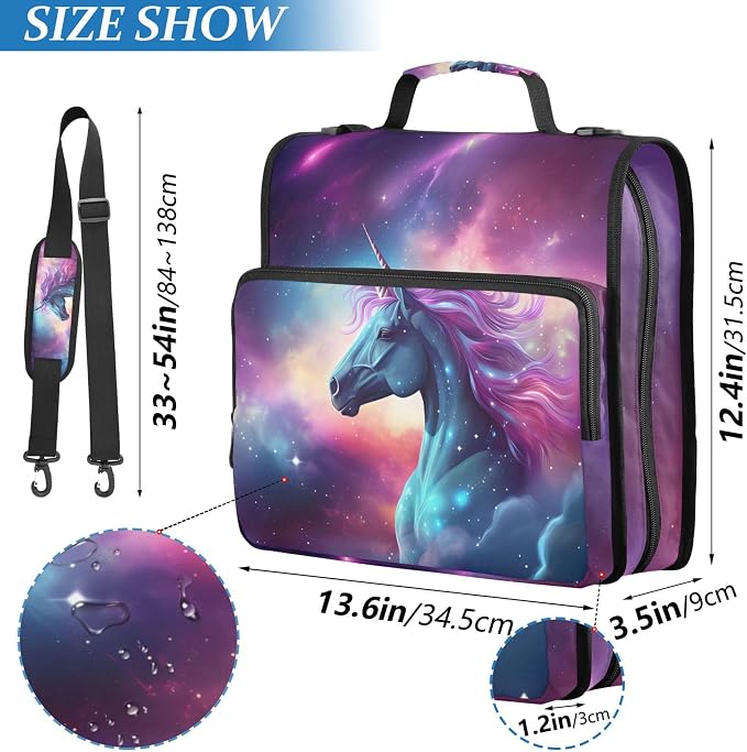 MNSRUU 3 Ring Binder Bag, 2 Inch D-Rings Easily Organizes 1 Inch Fits Letter Sized Paper, Unicorn Starry Sky Large 3 Hole Zipper Binder Organizer for School Office Supplies