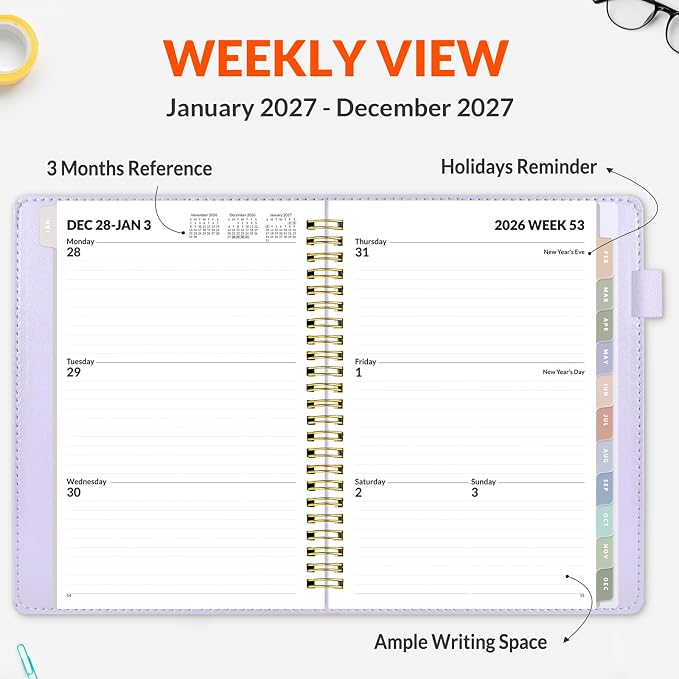 SUNEE 2027 Weekly & Monthly Planner 6.2"x8.5"- 12 Month (January 2027 - December 2027), Vegan Leather Cover, Pocket, Bookmark, Notes, Monthly Tab, Purple