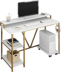 Techni Mobili 47" Computer Desk w/Shelves, Monitor Stand & CPU Caddy, Gold | 47" industrial computer desk with shelves, monitor stand, accessory holder, mobile CPU caddy, 2‑tier shelf for home office