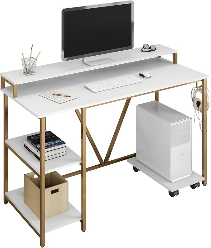 Techni Mobili 47" Computer Desk w/Shelves, Monitor Stand & CPU Caddy, Gold | 47" industrial computer desk with shelves, monitor stand, accessory holder, mobile CPU caddy, 2‑tier shelf for home office