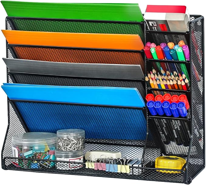 Jakyitvi Adjustable 5 Tiers Wall File Organizer Metal Hanging Holder Black | 5 tiers desk paper organizer, folder holder wall mount, mail organizer for home office, hanging document tray