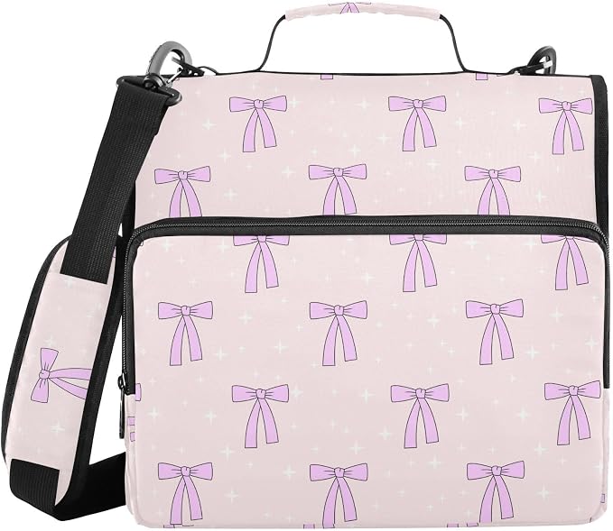 Aslsiy Zipper Binder Bag for Girls Boys Lovely Bows Star Pink Kids 2 inch 3-Ring Binder Organizer with Shoulder Strap for School Office Supplies