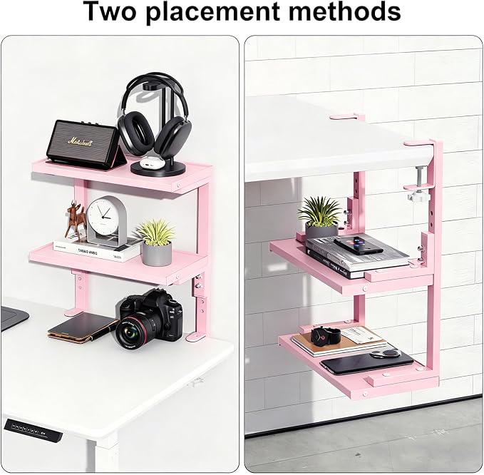 2-Tier Desk Shelf | Desk Organization Expandable Clamp on Desk Shelf Desktop Accessories for Offices and Game Rooms (Pink)