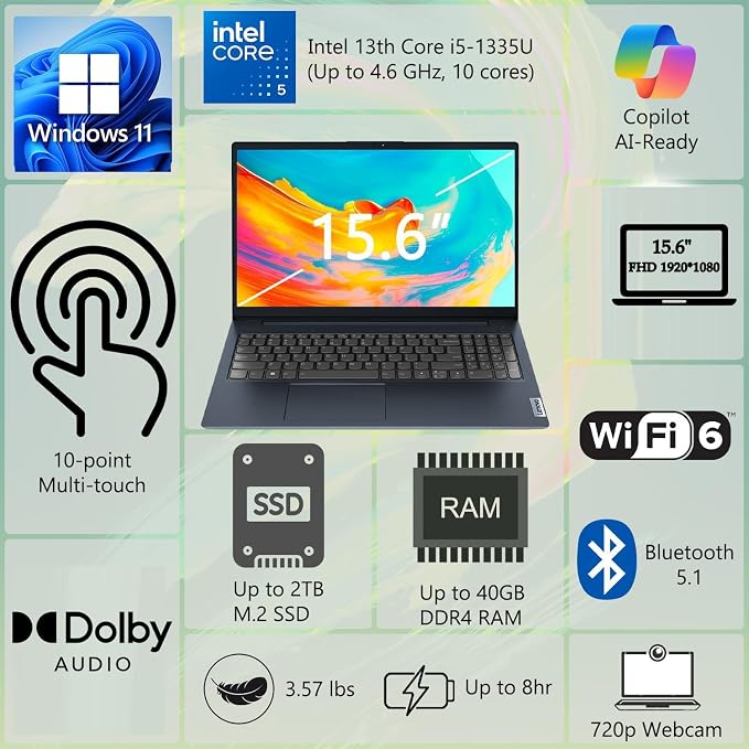 Lenovo IdeaPad 15.6" FHD Touchscreen Laptop, Intel 10-Core 13th Intel i5