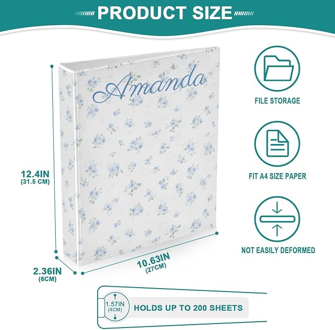 Custom Personalized Name Blue Small Floral 3 Ring Binder 1.5 Inch