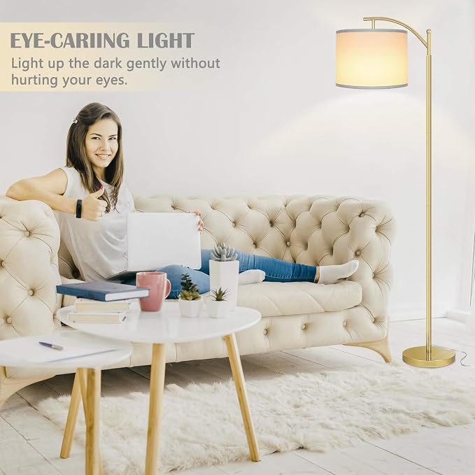 Floor Lamp for Living Room with 3 Color Temperatures LED Bulb, Standing Lamp Tall Industrial Floor Lamp Reading for Bedroom, Office (9W LED Bulb, White Lampshade Included) -Gold