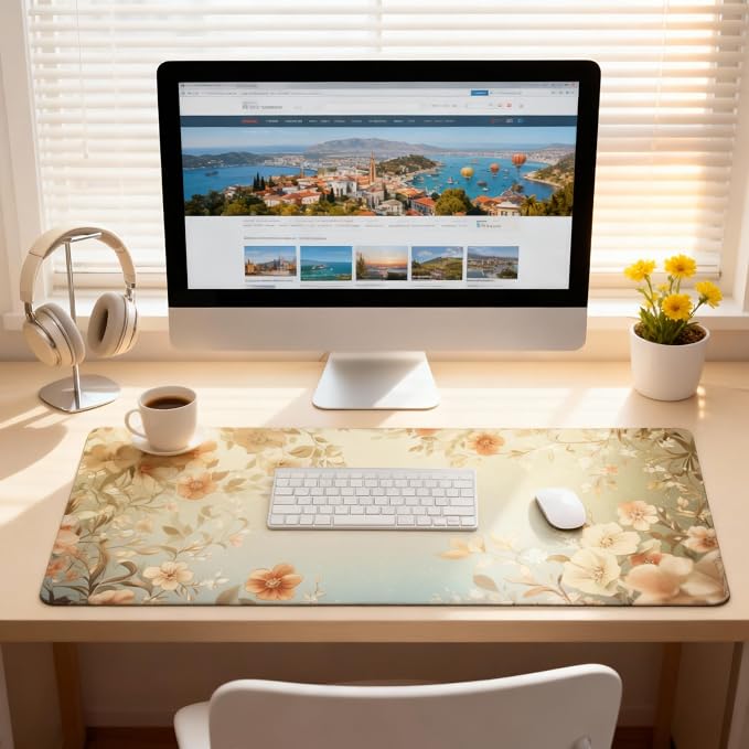 Cute Floral Aesthetic Daisy Gaming Mouse Pad, Muted Green Dreamy Desk Mat with Anti-Slip Base & Stitched Edges,35.4" x 15.7" in Desk Accessories for Women, Home Office Decor & Artistic Gift