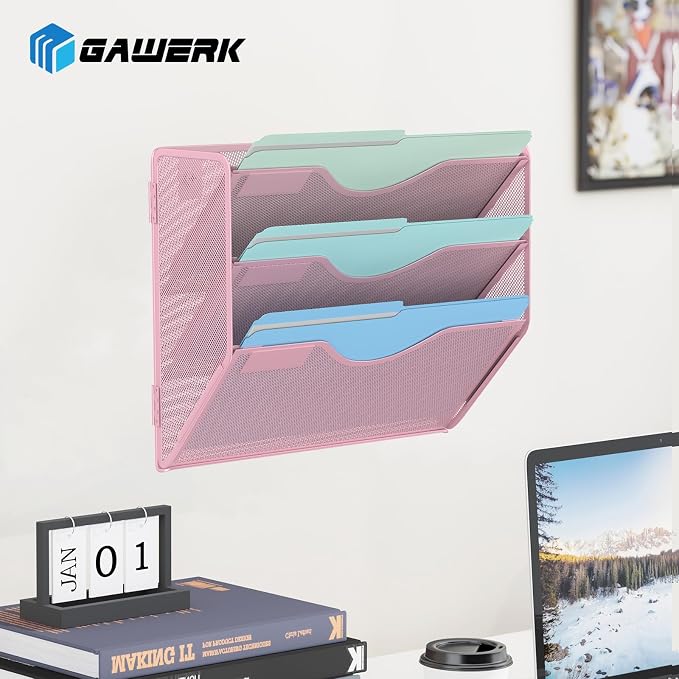 Gawerk 3 Tier Hanging Wall File Organizer, Mesh Mail Paper Orgnization Hanging File Folder Holder for Home Office, Pink
