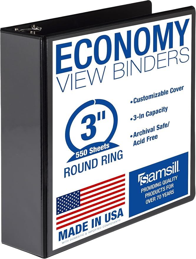 Samsill 3 Inch 3 Ring Binder, Economy Round Ring, Clear View Cover, 550 Sheet Capacity - for School, Home, Office - Black