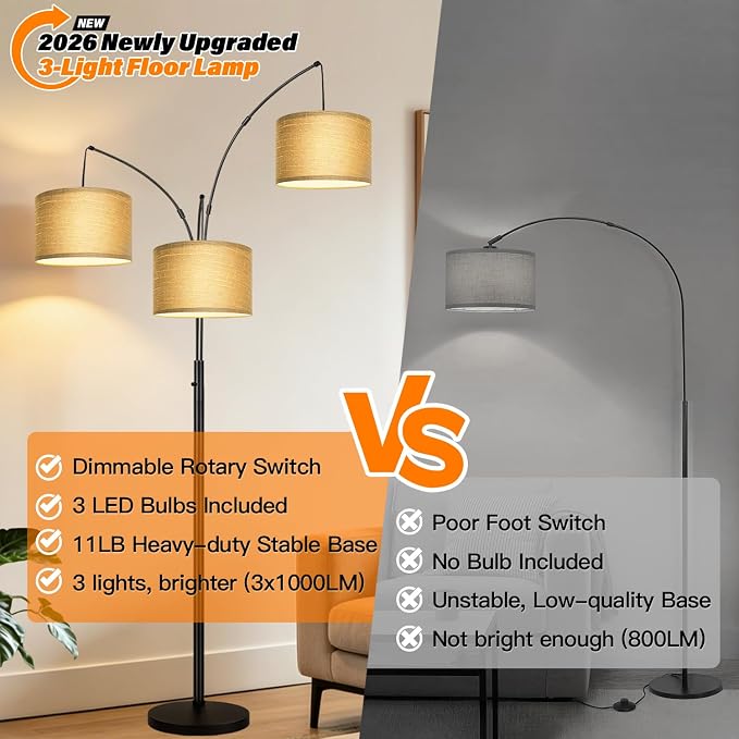Nintiue Dimmable Floor Lamp - 3 Lights Gold Arc Floor Lamps for Living Room, 1000LM Modern Tall Standing Lamp with Black Shades&Heavy Base,3 LED Bulbs Included-Champagne
