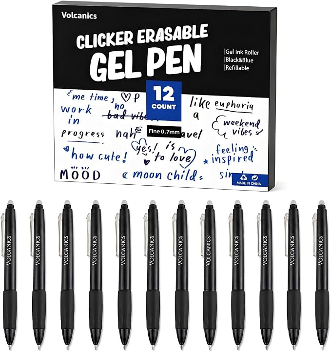 Volcanics Retractable Erasable Gel Pens, Soft Black, 0.7mm, 12 Pack