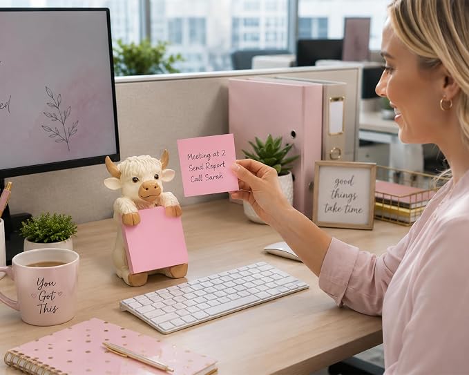 Highland Cow Pop-Up Sticky Note Dispenser for 3 x 3 in Notes, Beige | Includes 100 sheets, handmade resin desk decor for office, home or classroom, gift for teachers, coworkers and cow lovers