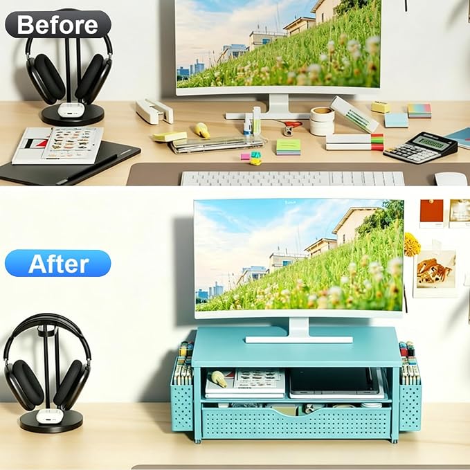 Spacrea Desk Organizer and Accessories, Computer Monitor Stand Riser with Drawer and 2 Pen Holders, Office Desk Accessories & Workspace Organizers for Office Supplies (Blue)