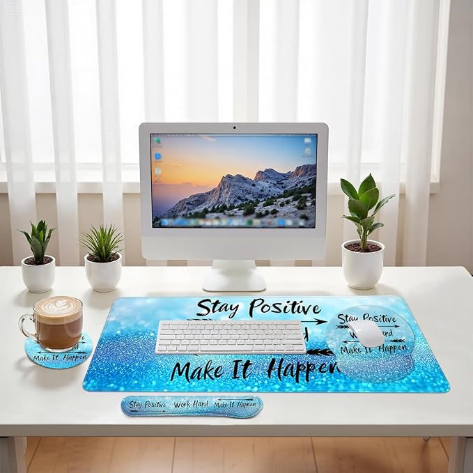 Motivational Quote Mouse Pad Set Stay Positive Work Hard Blue Gaming Mousepad 4in1 Desk Mat for Desktop Anti-Slip XXL Big Computer Ergonomic Mousepad with Wrist Support for Keyboard and Mouse