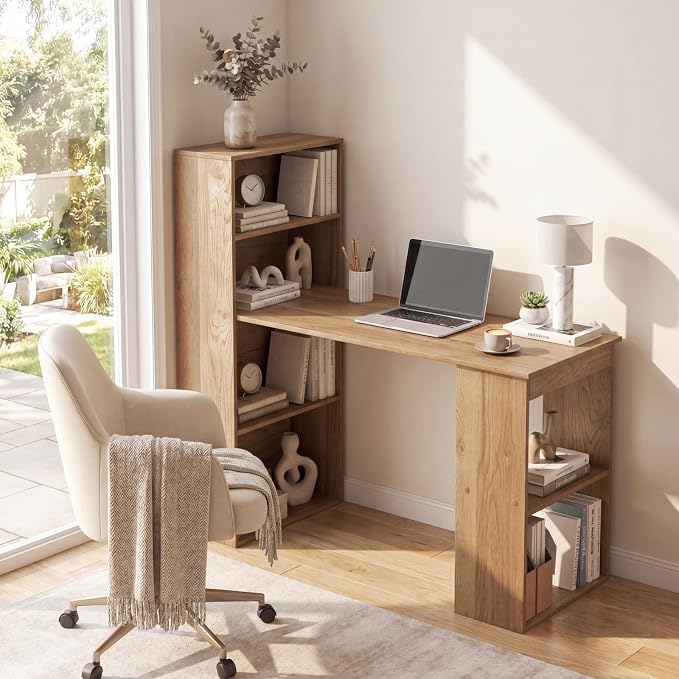 Tangkula Computer Desk with Bookshelf, Writing Study Desk with Storage Shelves & CPU Stand, Modern Compact Computer Workstation for Home & Office, Space-Saving Design(Natural) | Natural Wood Desk w/Storage Shelves & CPU Stand, Space-Saving Design Writi...