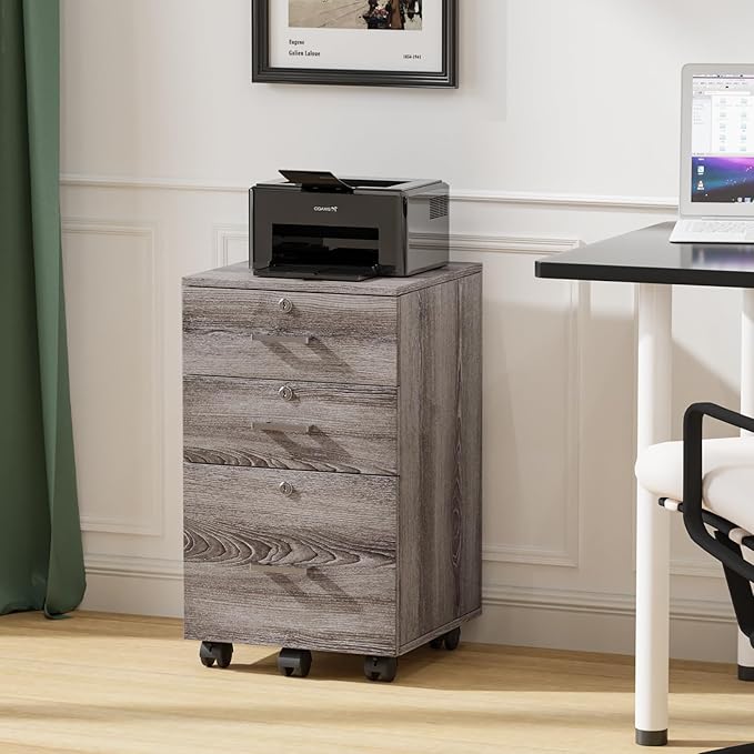 VINGLI 3-Drawer File Cabinet with Lock, Wood Rolling Filing Cabinets for Home Office, Mobile Printer Stand, Under Desk File Organizer for Letter Sized Files, 26" H(Caster Included),Gray Oak