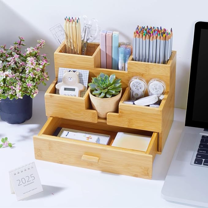 Bamboo Desk Organizer - Countertop Drawers Organizer Tabletop Storage Organization Makeup & Pen Storage with Drawer & Pencil Holder for Office Organization