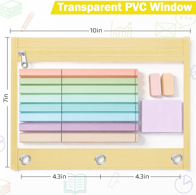 6 Pack Pencil Pouch for 3 Ring Binder, Featuring Colored Zippers & Transparent Windows, Multicolors Fabric Pencil Case Pouch Durable Zipper Pencil Bags in Bulk for Office School Supplies (6 Colors)