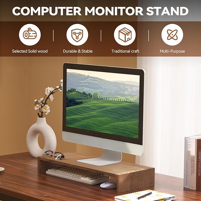 KIRIGEN Wood Monitor Stand Riser for Desk, 23.23 Inch, Brown 59-DBR | Desktop Workspace Platforms Stand Fully Assembled for Monitors, Laptops, Small TVs, or Printers for Home Office