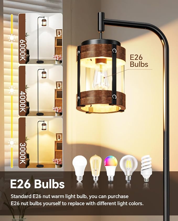 67" Industrial Floor Lamp with Wood & Black Metal Shade, Modern Standing Lamp, Rustic Farmhouse Tall Lamp for Living Room Bedroom Office, 2700K Bulb & Foot Switch Included (Black+ Wood-FL-2522)
