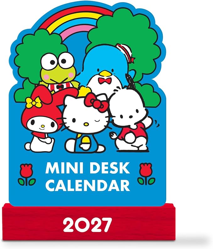 Orange Circle Studio Hello Kitty® and Friends 2027 Mini Desk Calendar with Wooden Stand, 12-Month Small Desktop Calendar, Full-Color Monthly Layouts, 300 GSM FSC-Certified Paper, Office Desk Decor