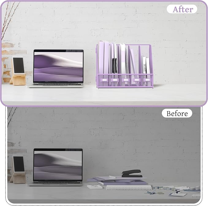 Desk Organizers Metal Desk Magazine File Holder with 5 Vertical Compartments Rack File Organizer for Office Desktop, Classroom, Home Workspace, Purple