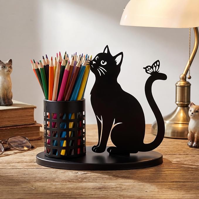 Tandefio Cat Pen Holder for Desk Cute Black Pencil Holder Metal Desk Accessories Organizer Makeup Brush Pen Cups for Back to School Stationery Office Home Decor Table Centerpiece Lover Gifts Women