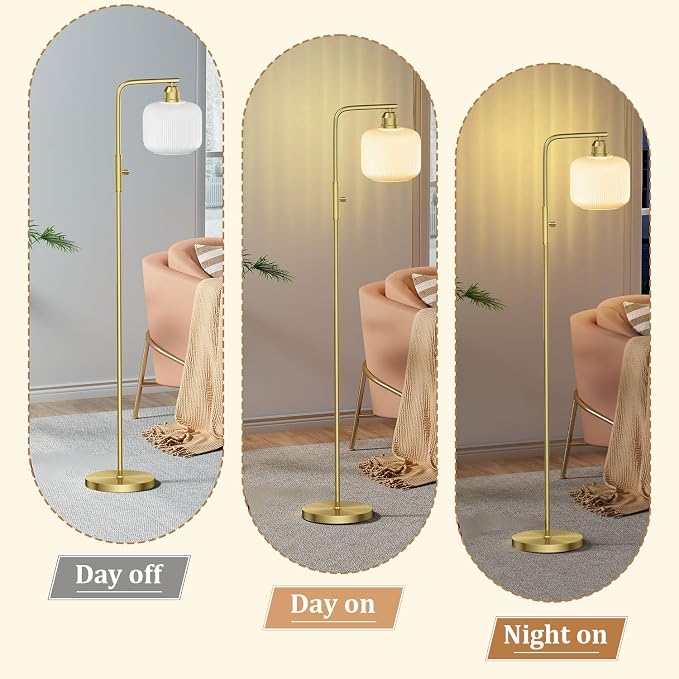 66" Dimmable Gold Standing Lamp with White Ribbed Glass for Living Room | Vintage Floor Lamp with Brushed Gold, Stepless Rotary Switch and 3000K LED Bulb, Arc Floor Lamp for Bedroom & Study Room