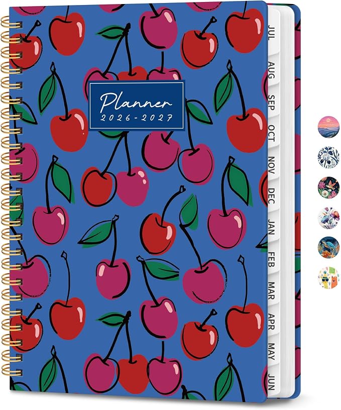 Planner 2026-2027, Academic Year Monthly & Weekly Planner Caledndar, July 2026 - June 2027, Hardcover Large Planning Agenda Book with Tabs for School Office Supplies, 8.5" x 11" - Sweet Cherries