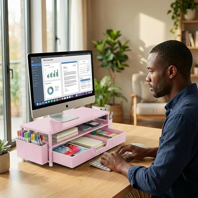 ECOLOVI Desk Organizer and Accessories, 2-Tier Computer Monitor Stand Rise with Storage Drawer & 2 Pen Holders, Laptop & Printer Stand for Desktop, Workspace Organizers for Office Supplies (Pink)