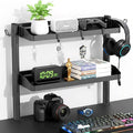 Clamp on Desk Shelf, 17in 2-Tier Office Desk Shelves Organizer, Small Shelf for Top of Desk with Headphone Holder and Hooks, Desktop Storage Rack for Home Workspace, Study Rooms, Gaming Accessories