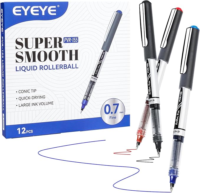 EYEYE 12 Pack 3 Colors Rollerball Pens, 0.7mm Fine Point Roller Ball Pen | Back to School Essential, Quick Drying, Liquid Ink Pens Fine Point Smooth Writing Pen for Journaling, Office Supplies