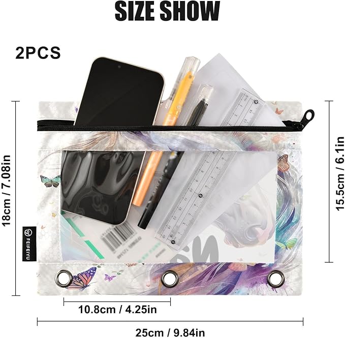 Custom White Horse Butterflies Pencil Pouch for 3 Ring Binder, 2 Pack Personalized Name Waterproof Pencil Bags Clear Window Pencil Case School Office Supplies